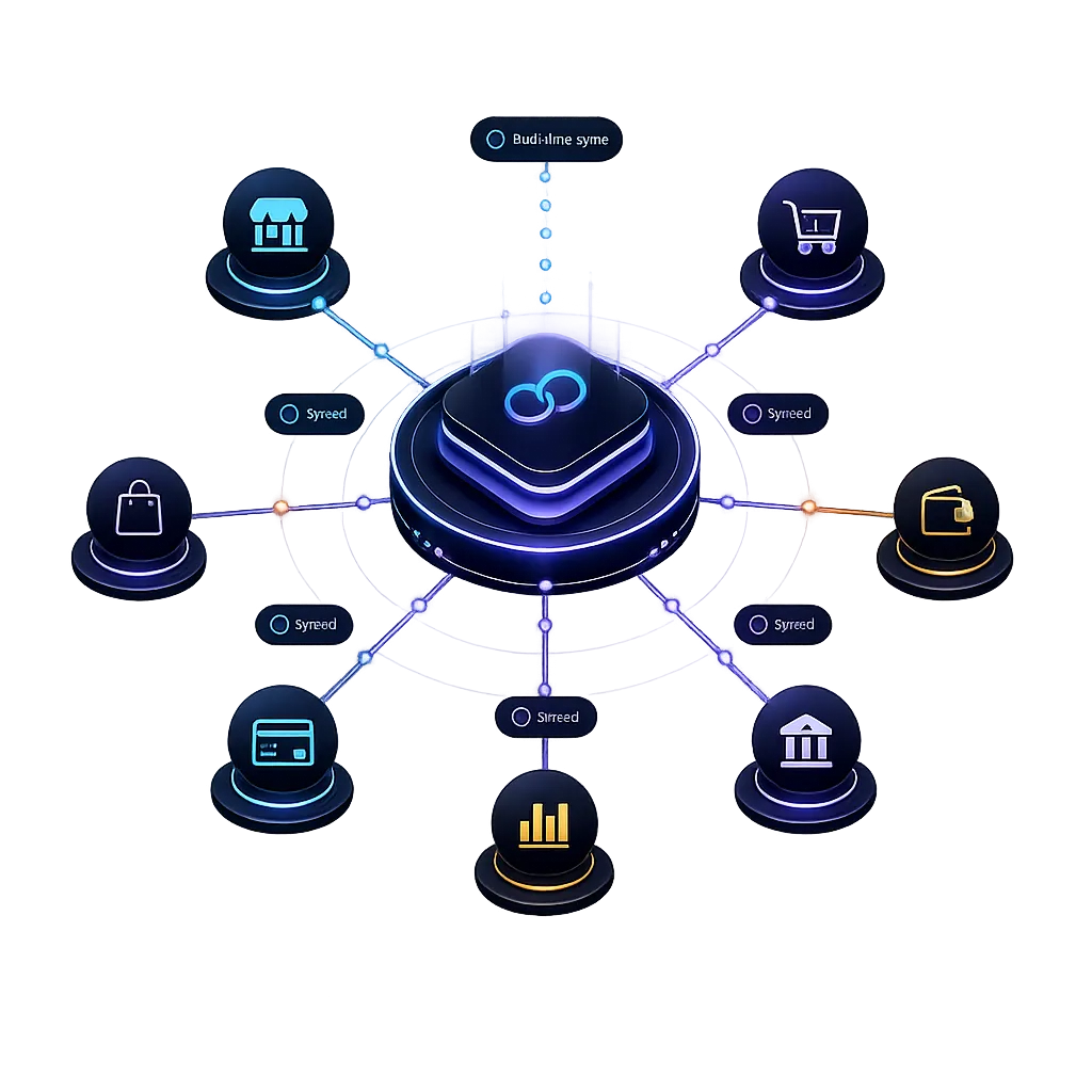 Marketplace and payout integrations connected to a central hub